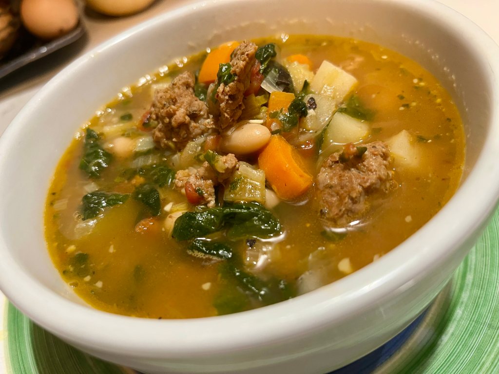 Minestrone soup made with BOR Meats Hot Italian Sausage.