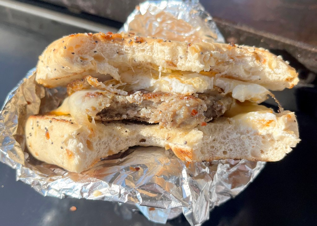 Breakfast sandwich made with BOR Meats Breakfast sausage.