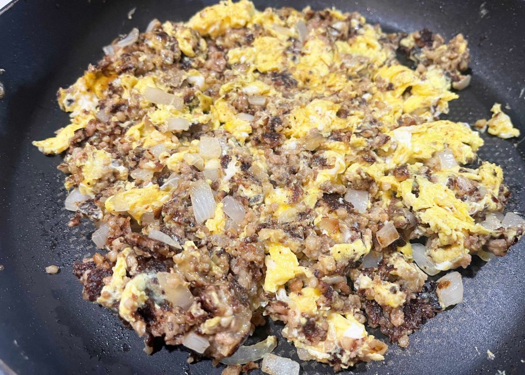 Breakfast hash made with BOR Meats Spicy Maple Breakfast sausage.