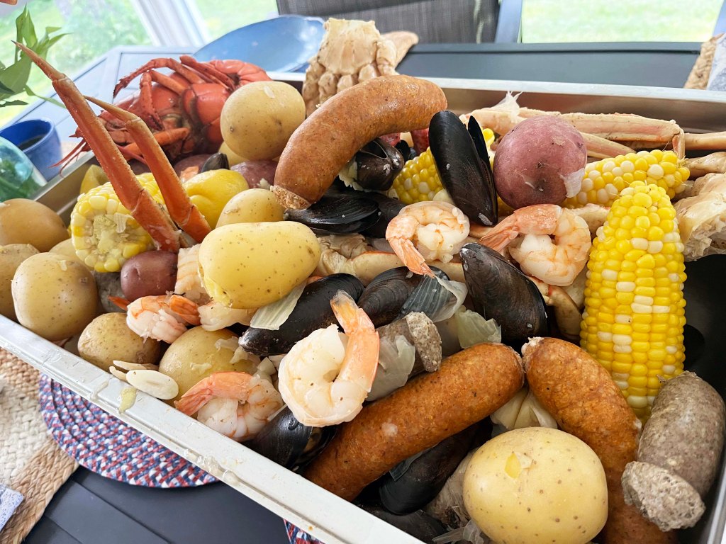 Seafood boil with BOR Meats Andouille and Roasted Garlic + Sage Sausages.