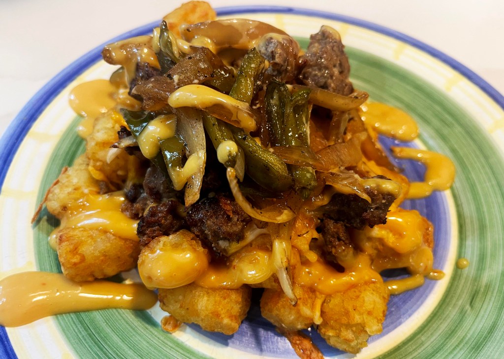 Loaded tater tots with Swedish Potato sausage.